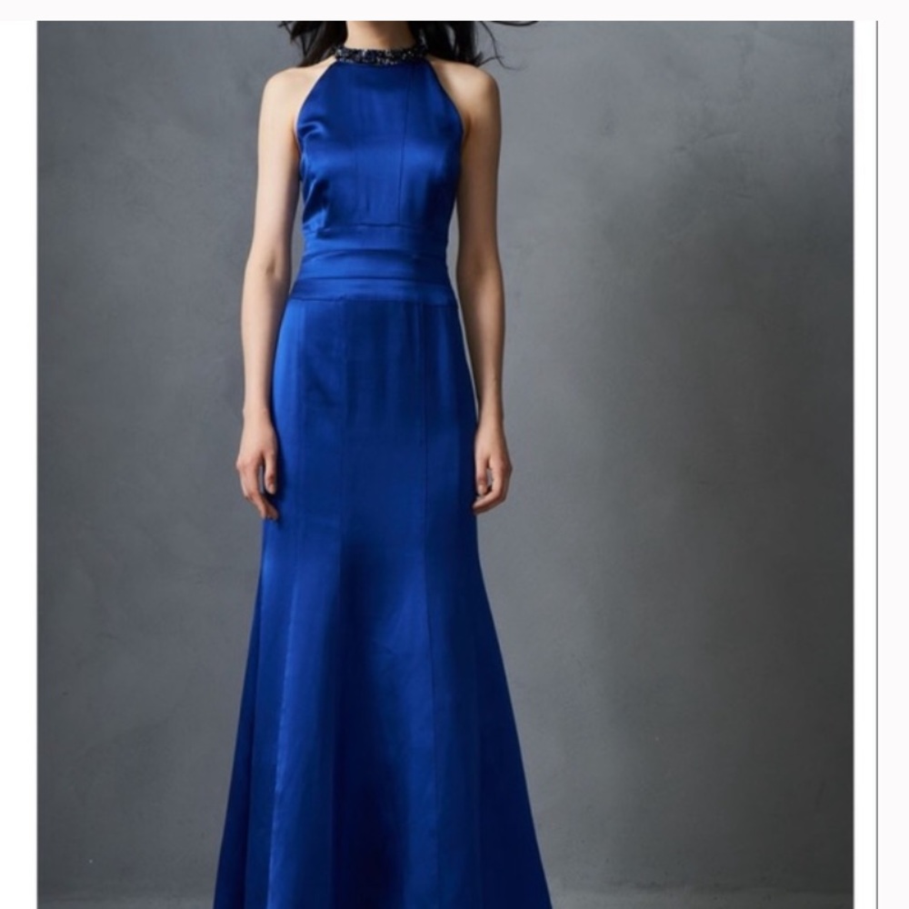 Kay Unger Satin Blue High Neck/Jewels Long Mermaid Style Formal Grown NWT 12T